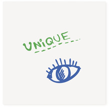Einzigartig Schriftzug und eine stilisierte Augen-Illustration.