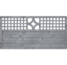 Grauer Holzzaun mit Lattenrost und dekorativem Element