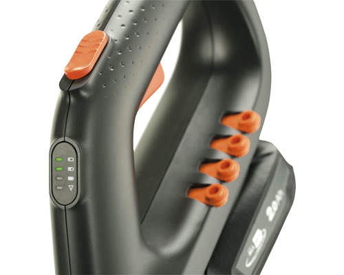 Vue détaillée d''un coupe-bordures avec commandes et indicateur de batterie