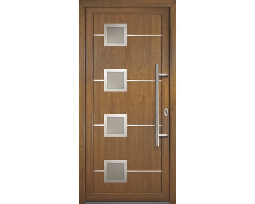 Porte d''entrée avec quatre inserts en verre carrés et poignée en acier inoxydable