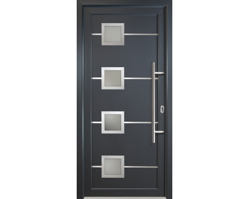 Porte d'entrée Signum modèle 1 RC2 Aluminium titane/titane 89x211 cm tirant droit Porte d''entrée grise avec quatre vitrages carrés et poignée en acier inoxydable