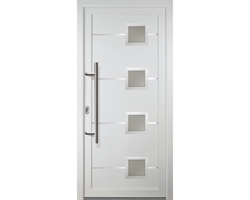 Porte d''entrée blanche avec poignée en acier inoxydable et quatre vitrages carrés