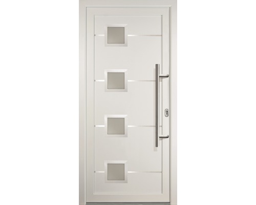 Porte d''entrée blanche avec quatre inserts en verre carrés et poignée en acier inoxydable
