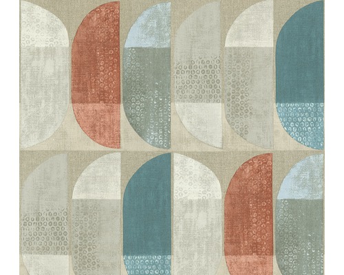 Papier peint intissé 37531-1 Geo Nordic graphique bleu rouge Motif de papier peint avec des formes géométriques abstraites