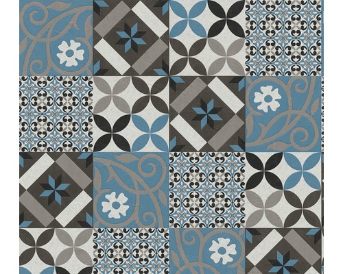 Vliestapete 37684-2 New Life Fliesen blau grau Fliesenmuster mit geometrischen und floralen Elementen