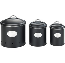Drei schwarze Vorratsbehälter aus Metall mit Deckel und silberfarbenen Details