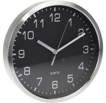 Horloge murale à quartz avec cadre argenté et cadran noir