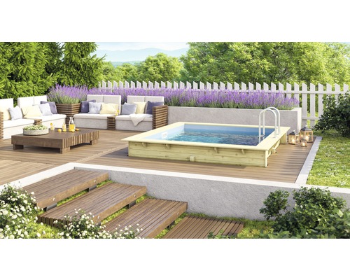 Kit de piscine hors sol en bois Karibu taille 1 rectangulaire 350x276,5x125 cm avec intissé de protection du sol, habillage intérieur avec rebord de fixation et échelle