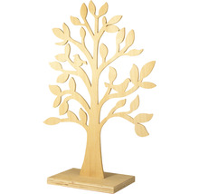 Dekobaum aus Holz mit Vogelmotiven auf einem Sockel