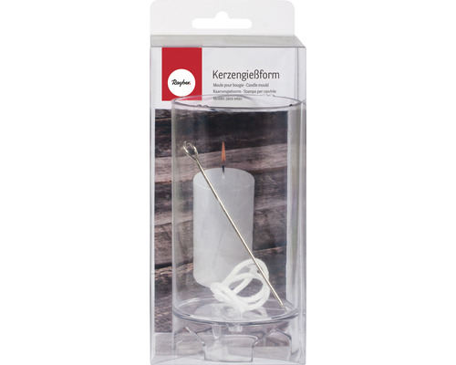 Moule à bougie dans un récipient transparent avec bougie, mèche et tige métallique