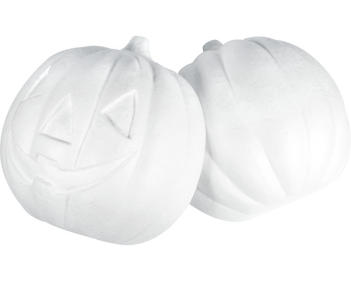 Deux citrouilles en plastique, dont une avec un visage sculpté, pour la décoration