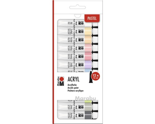 Jeu de peintures acryliques Marabu Pastel 12x 12 ml Marabu Set de peintures acryliques avec douze tubes de douze millilitres chacun