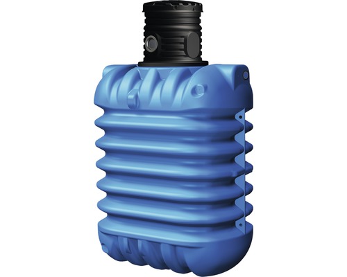 Blauer Regenwassertank aus Kunststoff mit schwarzem Deckel