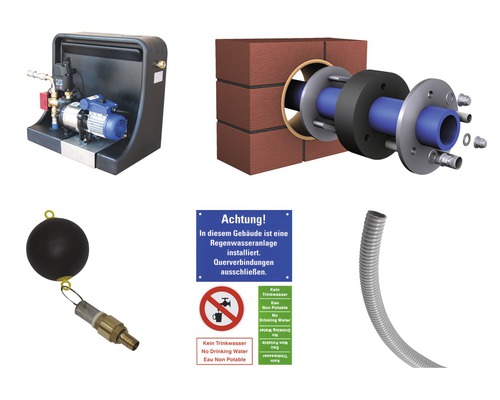 Représentation d''une installation de récupération d''eau de pluie avec accessoires, composée d''un système d''alimentation en eau domestique, d''une traversée de mur, d''un flotteur, d''un panneau d''avertissement et d''un tuyau ondulé.