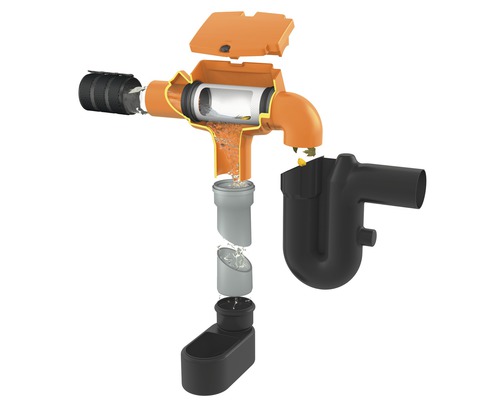 Explosionszeichnung eines Regenwasserfilters mit Fallrohranschluss, Laubabscheider und Geruchsverschluss