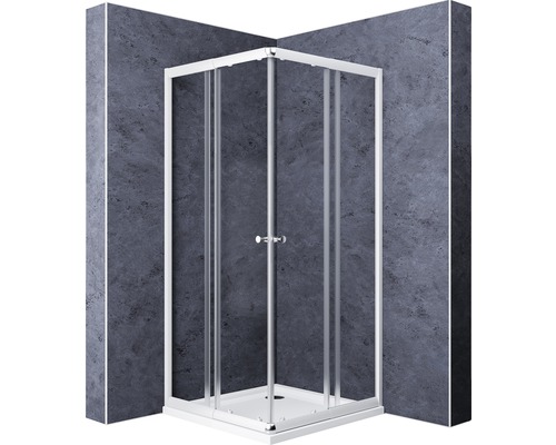 Douche accès d'angle avec porte coulissante Breuer Express Q72 Ektos 80-90 cm en verre transparent profilé couleur argent mat