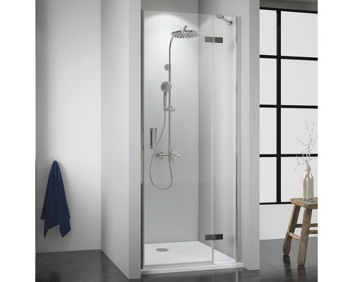 Porte de douche dans niche avec porte pivotante BREUER Panorama Express Q72 90 cm couleur du profilé chrome décor de vitre verre transparent avec verre antitache butée de porte à droite