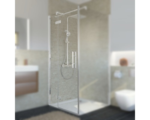 Porte de douche pour paroi latérale avec porte pivotante BREUER Avanta Express Q72 90 cm couleur du profilé chrome décor de vitre verre transparent avec verre antitache butée de porte à gauche poignée barre