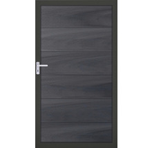 Porte d''entrée latérale grise avec aspect bois horizontal et poignée de porte