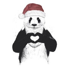 Illustration d''un panda portant un bonnet de Noël formant un cœur avec ses mains