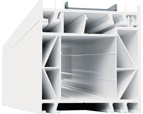 Profilé d'élargissement 60 mm ARON Basic blanc/blanc longueur 2200 mm Coupe transversale d''un cadre de fenêtre en plastique avec plusieurs chambres pour l''isolation thermique.