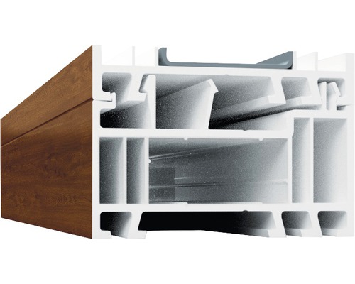 Profilé d'élargissement 35 mm ARON Basic blanc/goldenoak longueur 2200 mm Coupe transversale d''un cadre de fenêtre en plastique avec décor bois
