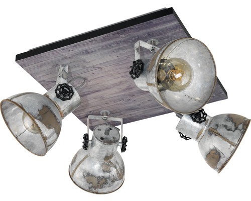 Spot de plafond acier/bois à 4 ampoules Lxl 450x450 mm Barnstaple marron-patine/noir