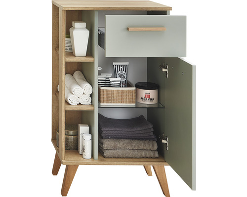 Meuble de salle de bain avec tiroir, étagères et porte pour ranger les accessoires de salle de bain