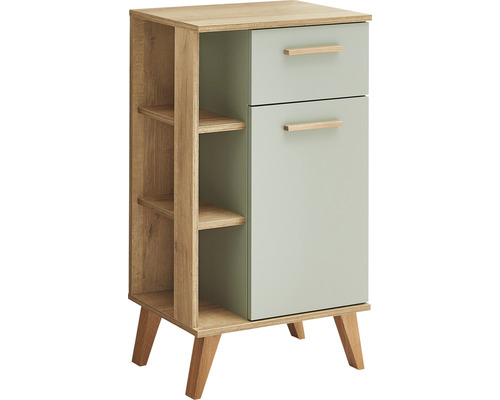 Armoire avec une porte, un tiroir et des étagères ouvertes.