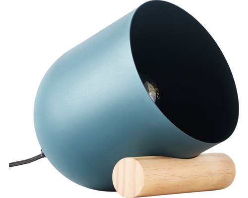 Tischleuchte mit blauem Lampenschirm und Holzsockel