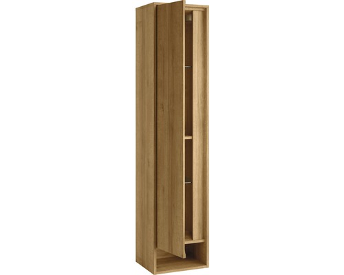 Haut meuble en bois avec porte partiellement ouverte et étagères