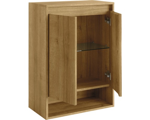 Armoire suspendue ouverte en bois avec deux portes et des étagères