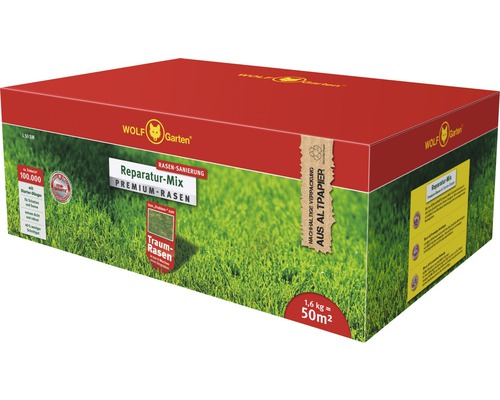 Gazon premium et engrais de démarrage WOLF-Garten 1,6 kg 50 m² Wolf Garten Mélange de réparation Premium gazon dans un emballage en papier recyclé