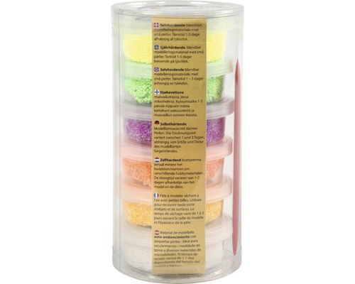 Selbsthärtende Modelliermasse mit kleinen Perlen in durchsichtiger Verpackung