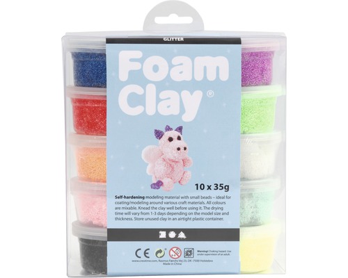 Mousse à modeler pailletée de différentes couleurs, 10 fois 35 grammes, en emballage transparent