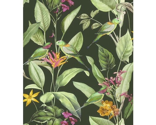 Tapete mit Pflanzen, Blättern und Sittichen