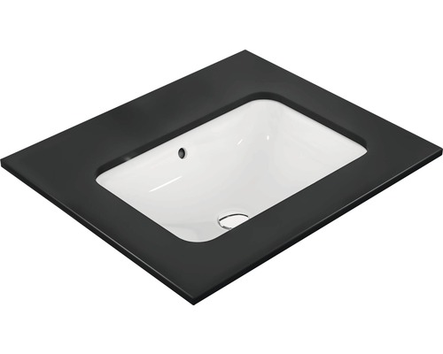 Vasque à encastrer de forme rectangulaire avec bordure noire.