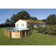 Piscine hors sol en bois dans le jardin avec échelle