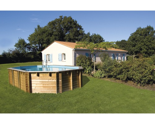 Piscine hors sol en bois dans le jardin avec échelle