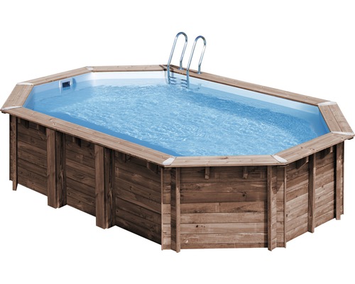 Ensemble de piscine hors sol en bois Gre ovale 632x335x130 cm avec groupe de filtration à sable, skimmer, échelle, sable de filtration et intissé de protection du sol bois