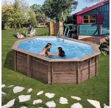 Ensemble de piscine hors sol en bois Gre ovale 535x335x130 cm avec groupe de filtration à sable, skimmer, échelle, sable de filtration et intissé de protection du sol bois-thumb-1