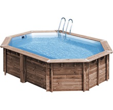 Ensemble de piscine hors sol en bois Gre ovale 535x335x130 cm avec groupe de filtration à sable, skimmer, échelle, sable de filtration et intissé de protection du sol bois-thumb-0