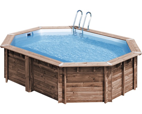 Ensemble de piscine hors sol en bois Gre ovale 535x335x130 cm avec groupe de filtration à sable, skimmer, échelle, sable de filtration et intissé de protection du sol bois