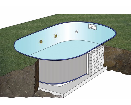 Skizze eines Pools teilweise im Boden mit Mauern