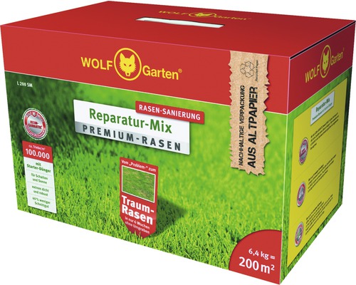 Premiumrasen mit Dünger WOLF-Garten Rasensamen 6,4 kg 200 m²