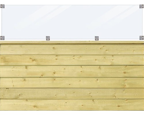 Clôture de protection visuelle avec élément supérieur en verre et planches en bois