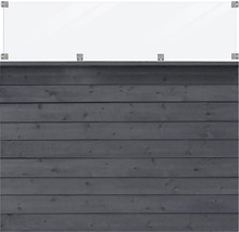 Pare-vent en verre clair avec support devant un mur en bois