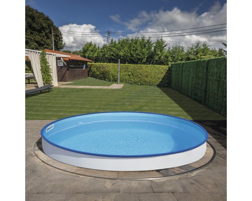 Kit piscine hors sol à paroi en acier rond Ø 350x120 cm avec groupe de filtration à sable, skimmer, échelle, sable filtrant et tapis de sol blanc