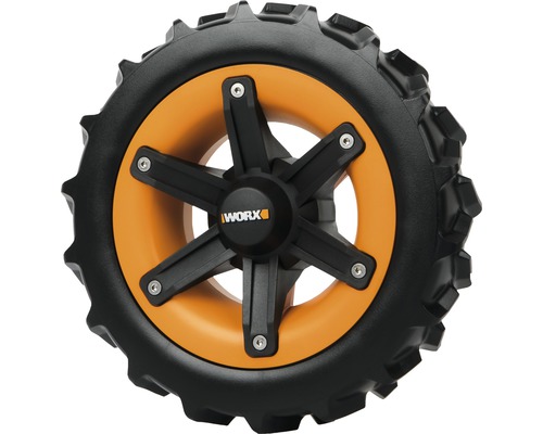 Logo Worx sur roue de robot tondeuse