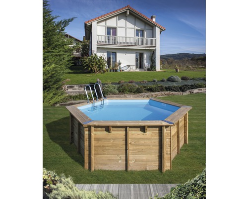 Piscine octogonale en bois avec échelle dans le jardin devant une maison.